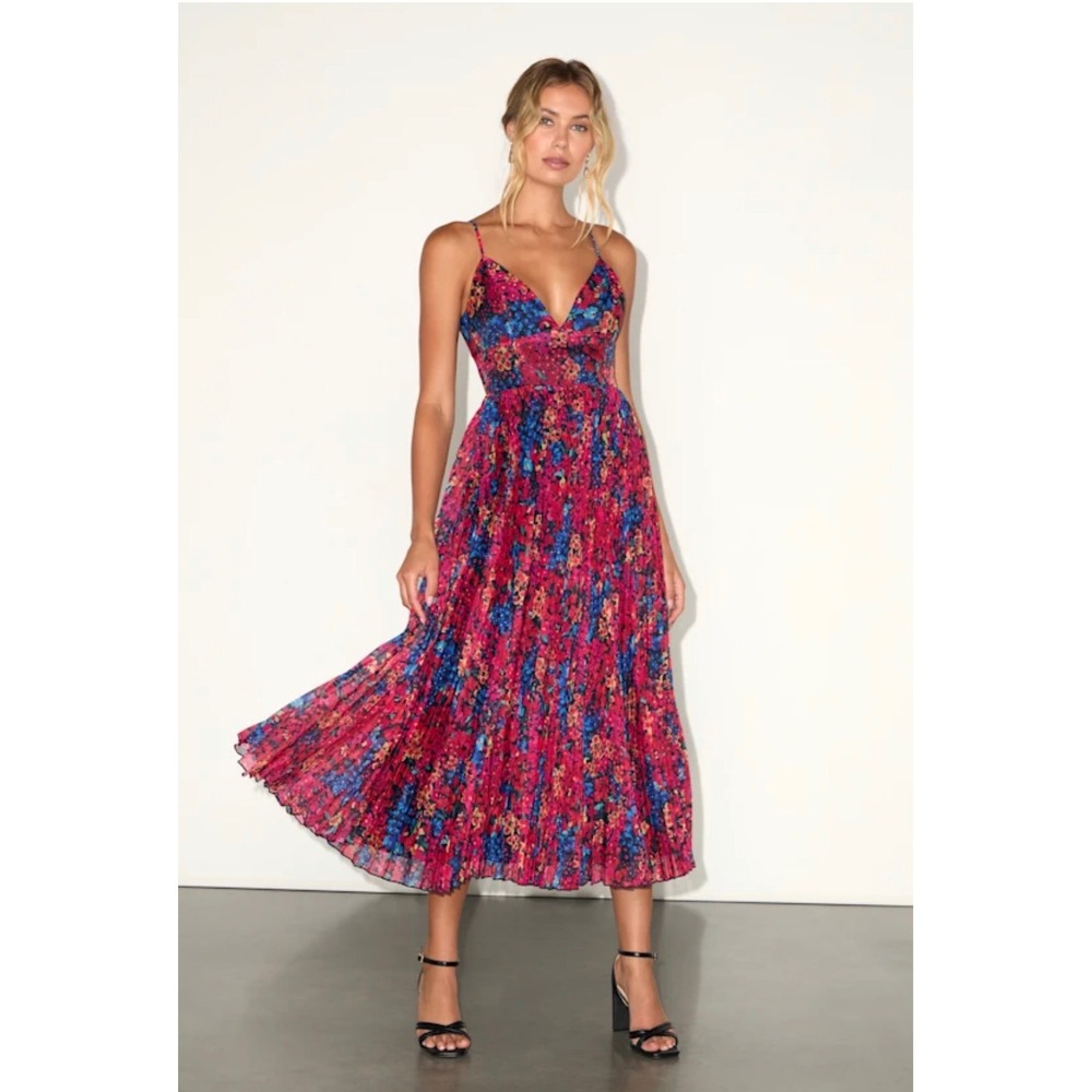 Lulus Sincerely Gorgeous Floral Pleated Midi Dress Red Blue V-Neck Straps NWT
